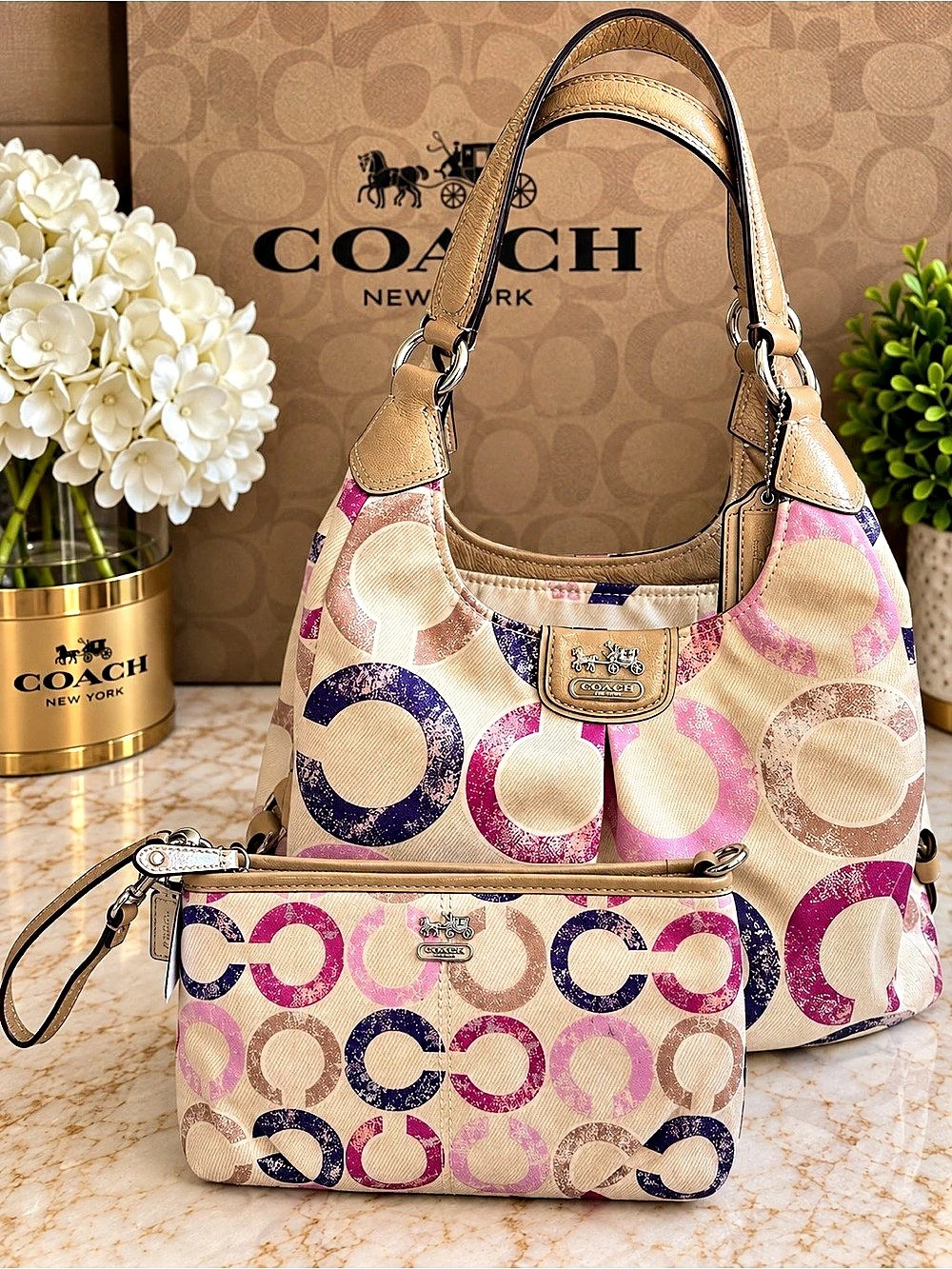 Coach Madison Maggie Distressed Op Art Violet Multi Bag + Wristlet Set